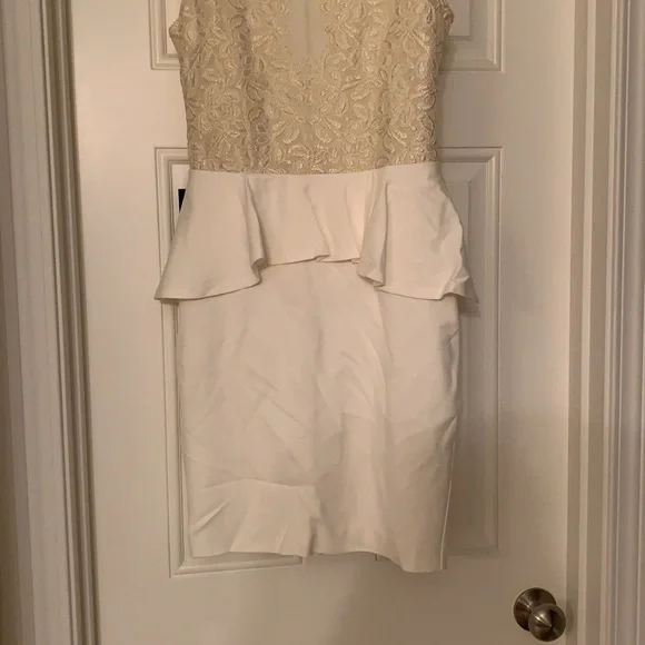 Cream white lace peplum dress with gold lace top. - Picture 4 of 7